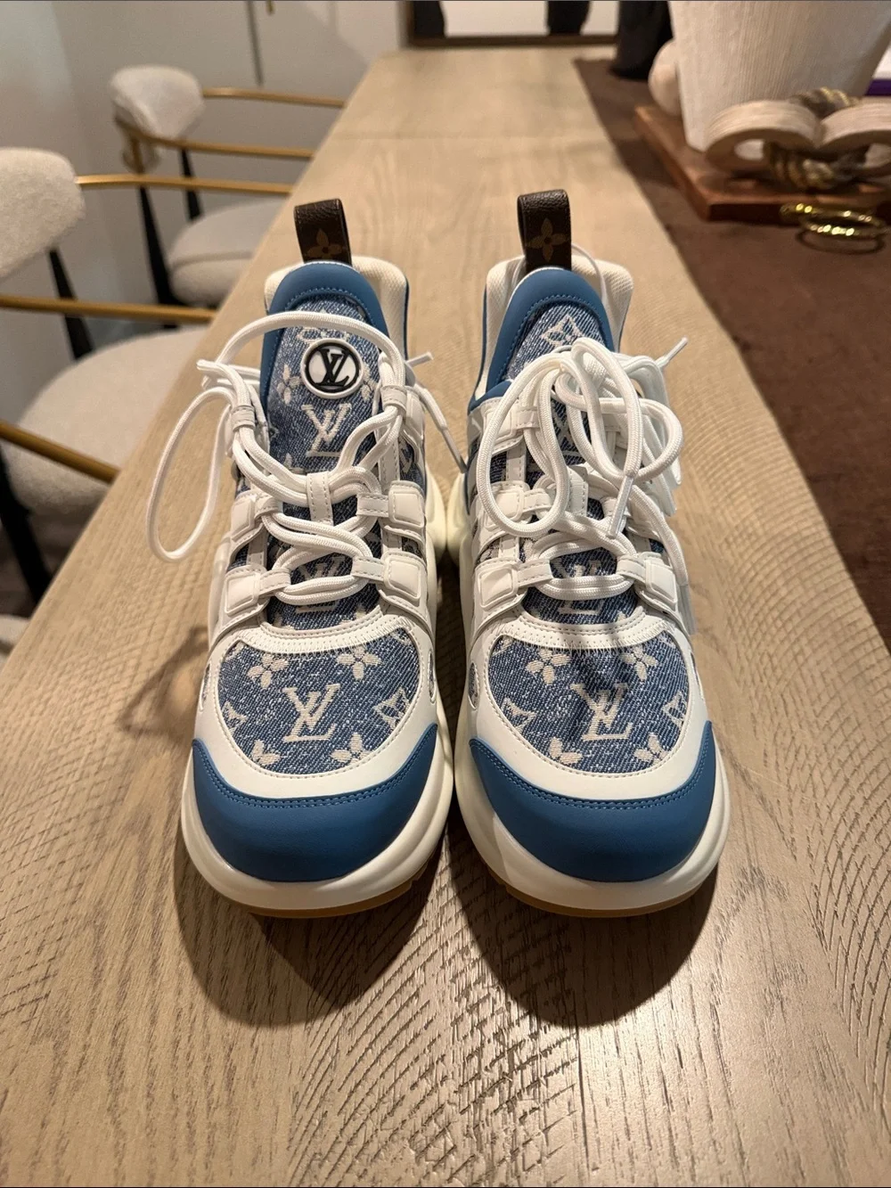 Designer inspired White and Blue Kids Monogram Sneakers
